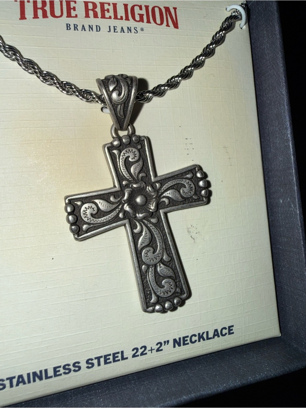 NEW True Religion Stainless Steel 22” + 2” Silver Ornate Filigree Cross Necklace